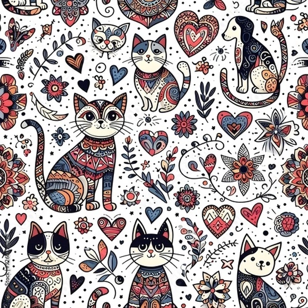 Obraz Seamless Pattern with Cute Cartoon Cats and Floral Elements