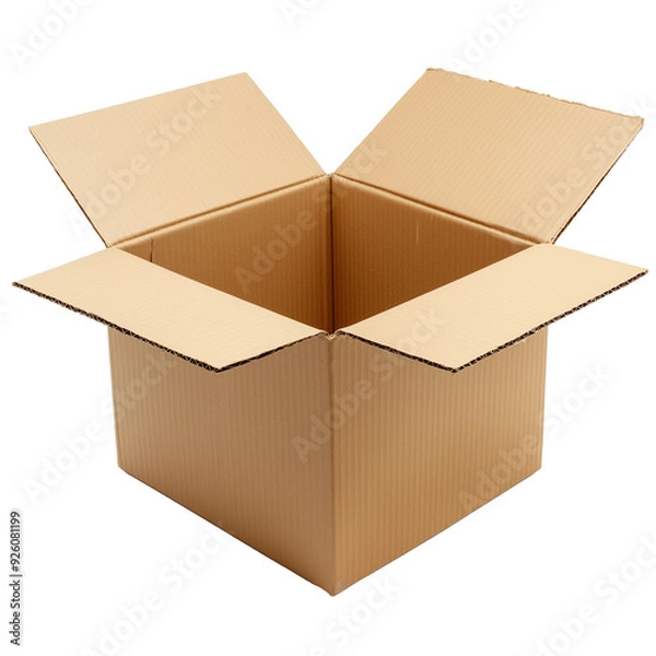 Fototapeta Open cardboard box isolated on transparent background, PNG. Moving, gift or parcel box with empty space.