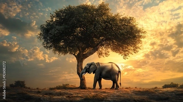 Obraz An elephant stands in front of a tree at sunset.