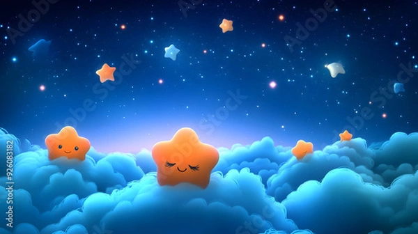 Fototapeta Cartoon star with eyelashes smiling happily on a fluffy cloud in a dark blue night sky with many stars.