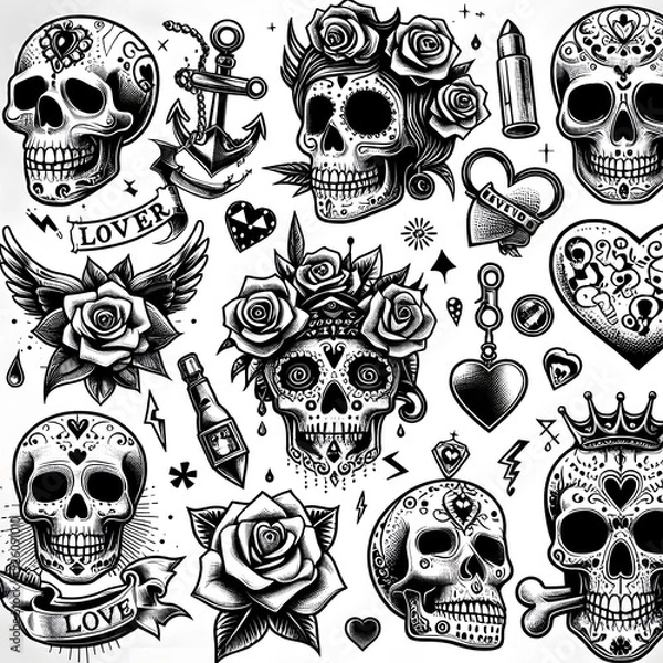 Obraz Black and White Skull Tattoo Design Elements