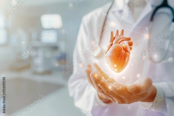 Fototapeta Medical professional holding a glowing heart model. Futuristic healthcare concept in a medical environment. Ideal for health, technology, or innovation themed designs. Generative AI