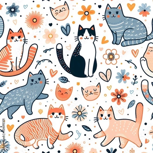 Obraz Cute Cat Seamless Pattern with Floral Elements