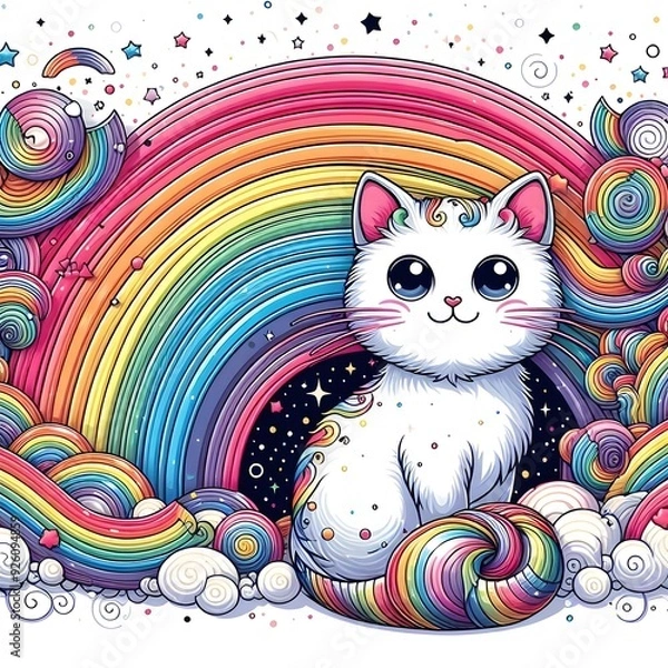 Obraz Cute Cat Under a Rainbow