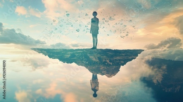 Fototapeta Fragmented Realities: Person Standing at the Edge of a Shattered Mind with Floating Thoughts and Double Exposure Surreal Landscape Backdrop