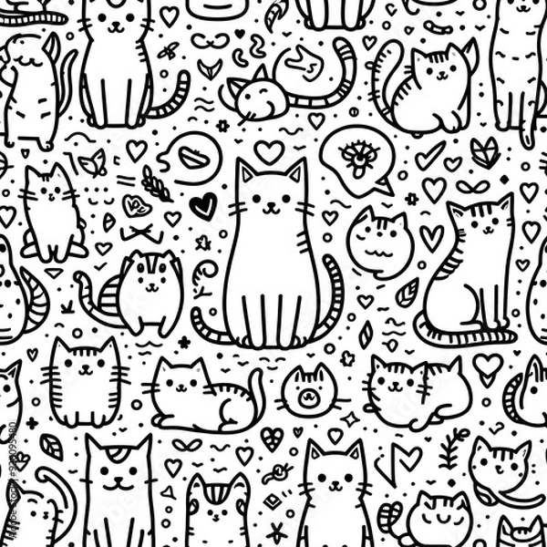 Obraz Seamless Pattern with Cute Doodle Cats and Hearts