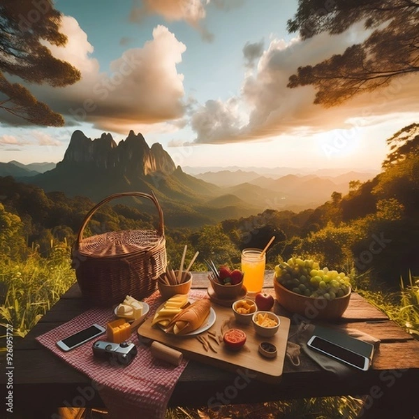 Obraz Romantic Picnic with Mountain View at Sunset