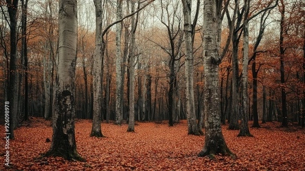 Fototapeta Forest in late autumn, with bare trees standing tall, a carpet of fallen leaves, and a cold, crisp atmosphere