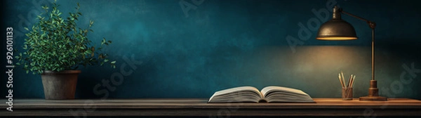 Fototapeta A desk lamp illuminating a book on a wooden table with a copy space