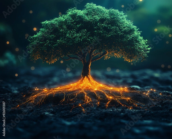 Fototapeta A tree with roots growing into the digital world, symbolising technology and growth