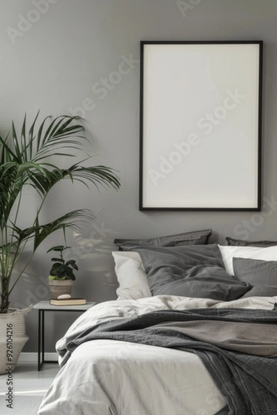 Fototapeta Black-framed bedroom mockup template against a grey wall, perfect for showcasing artwork or design concepts in a minimalist setting