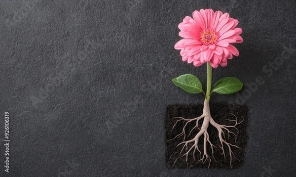 Fototapeta Brain connected to a blooming flower via intricate roots, Organic thought, symbolizing the natural growth of ideas.