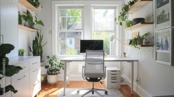 Fototapeta a functional home office with a clean desk, ergonomic chair, and plenty of natural light. Add built-in storage, floating shelves, and a touch of greenery to enhance the workspace.