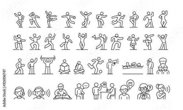 Fototapeta A set of icons depicting various human activities in line style on a white background. The icons illustrate activities like dancing, exercising, reading, and communicating. Vector illustration