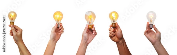 Fototapeta hand-holding light bulb is glowing isolated on a transparent or white background, cut-out, PNG