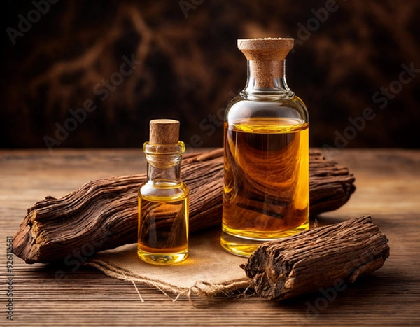 Obraz Close Up Of Oud Oils Arabian perfume with agar sticks in a wooden beige background