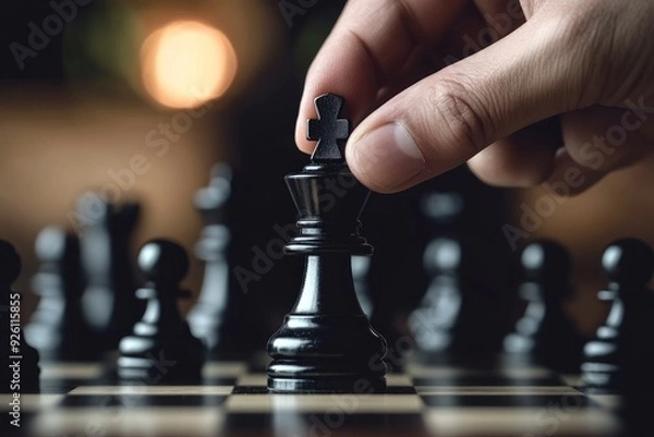 Fototapeta Hand choose king chess fight concept of challenge or team player or business team and leadership strategy or strategic planning and human resources organization risk management with generative ai