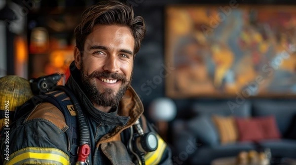 Fototapeta Smiling firefighter in uniform poses indoors with a cozy background and soft lighting