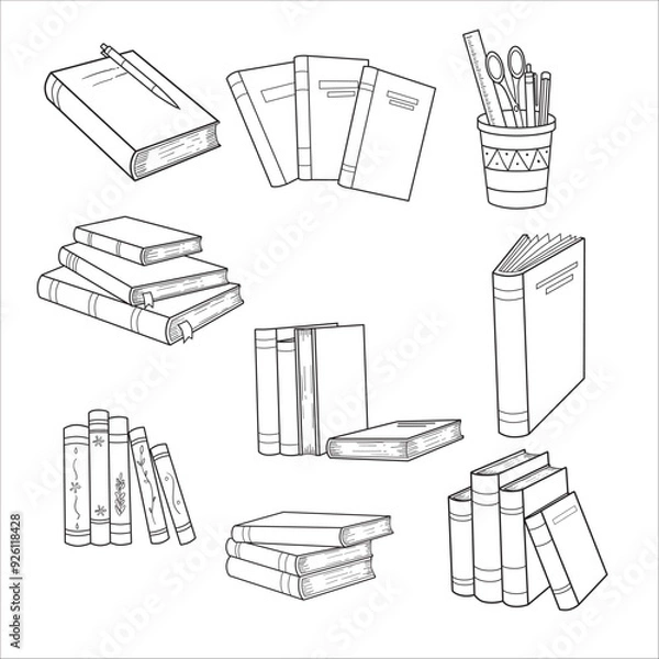 Fototapeta Hand drawing books set. Drawn sketch of literature. School or college students library book illustration vector collection line art.