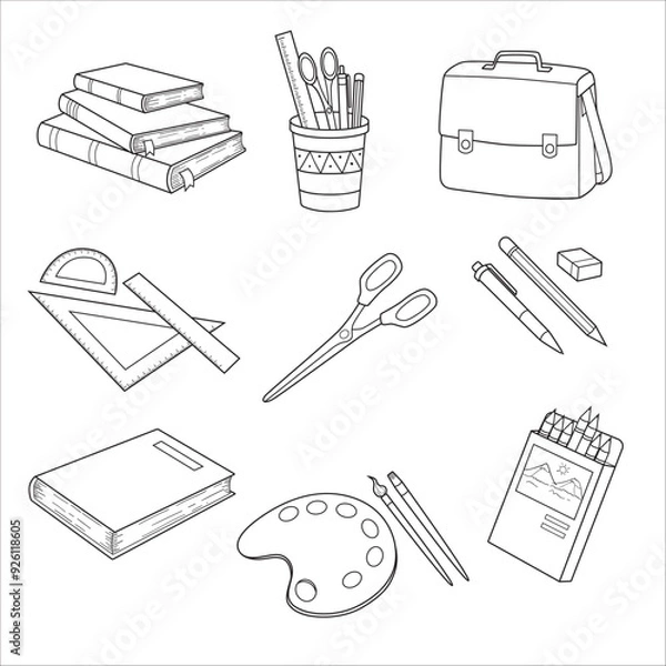 Fototapeta Back to school. Set of school supplies isolated on white background. Vector, hand-drawn, outline drawing with black line, doodles, Line art.