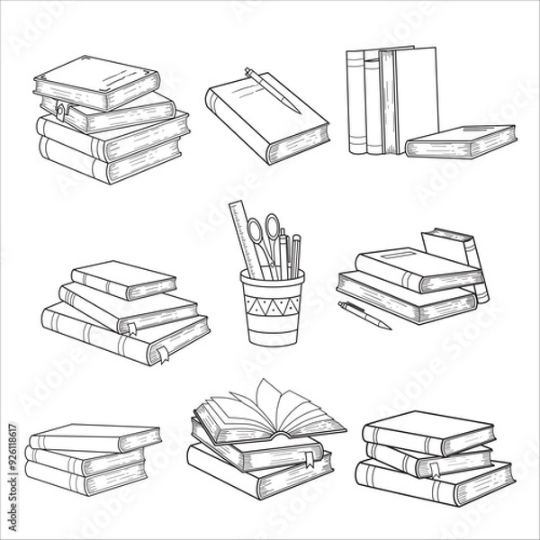 Fototapeta Hand drawing books set. Drawn sketch of literature. School or college students library book illustration vector collection line art.