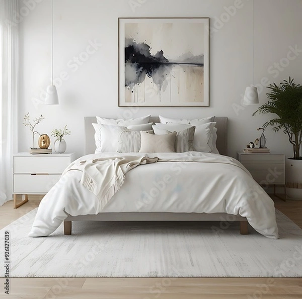 Fototapeta Blank white bed with pillows mockup, side view