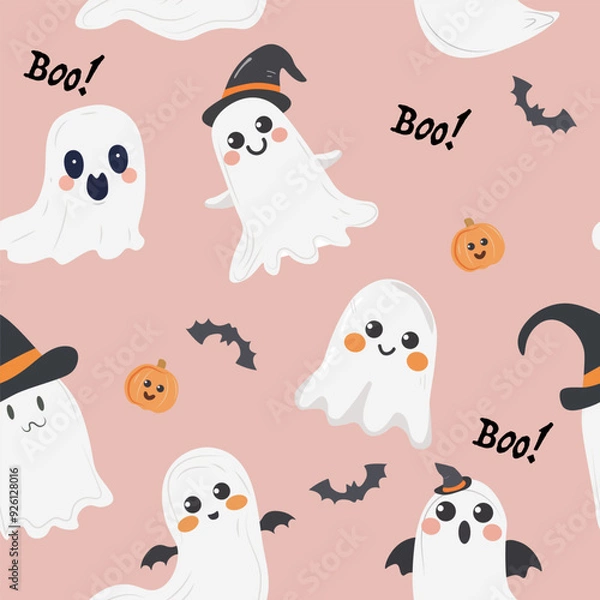 Obraz Seamless pattern with cute ghosts and pumpkins for Halloween. Vector illustration.