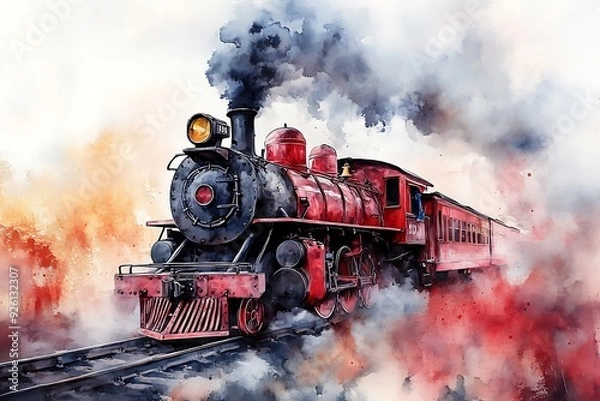 Obraz Watercolor Painting of a Vintage Red Steam Train with Smoke and Clouds.