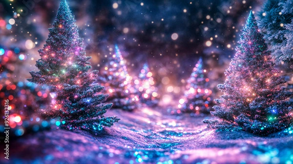 Fototapeta Forêt de sapins de Noël lumineux sous la neige