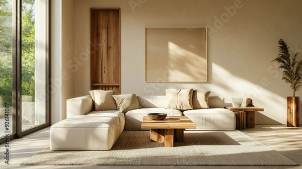 Obraz a spacious living room with clean lines, neutral colors, and minimal furniture. large windows, a sleek sofa, and a statement piece like a geometric coffee table or modern art on the wall