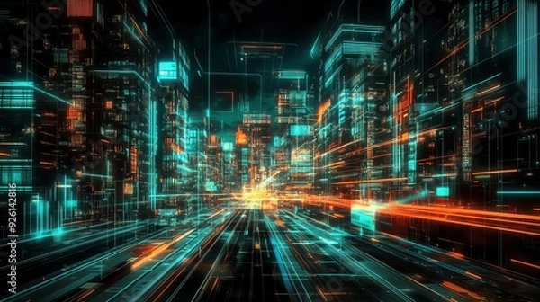 Fototapeta Fractal grid of data motion, a cyberspace metropolis traffic jam rendered as abstract wallpaper