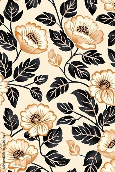 Fototapeta A bold floral pattern featuring large golden-beige flowers contrasted with dark black leaves