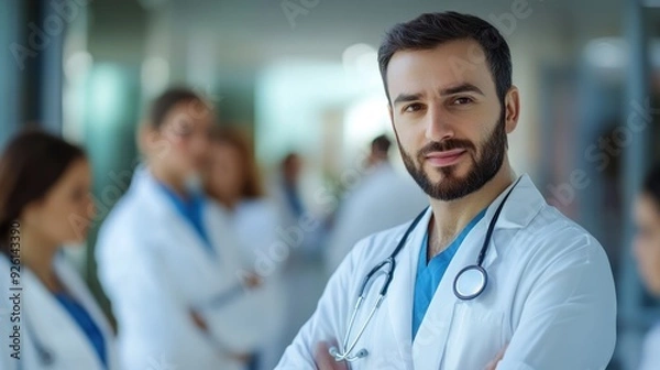 Fototapeta Confident Medical Professional with Team in Background - A confident male doctor in scrubs and stethoscope stands at the forefront, with his healthcare team blurred in the background.