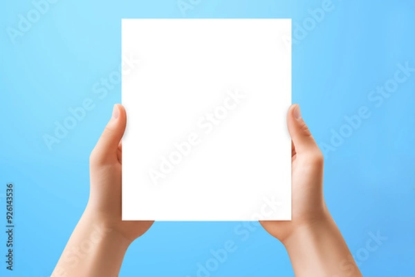 Fototapeta Hands holding blank card paper sheet isolated on blue background with copy space. Generative AI.