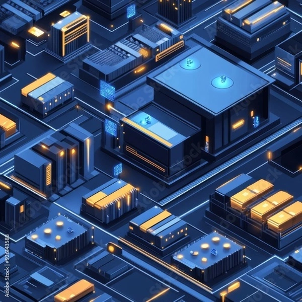 Fototapeta Isometric city built with electronic components, resembling a complex computer motherboard
