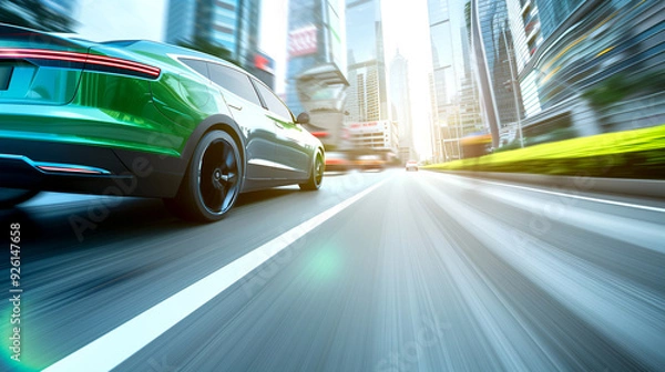 Fototapeta A green car is driving down a road with a city skyline in the background. The car is moving quickly, and the cityscape is blurred, giving the impression of speed and motion