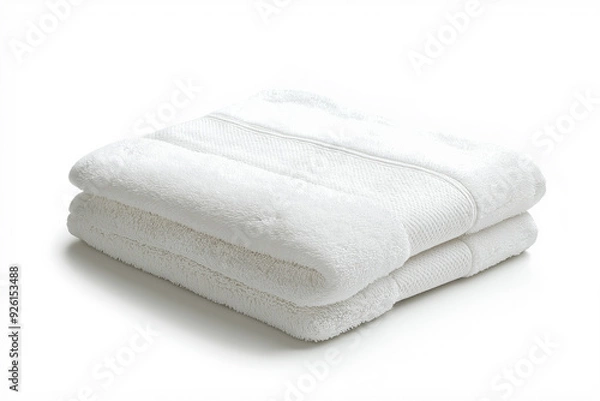 Fototapeta Two white towels neatly stacked, isolated on a white background, showcasing their soft and plush texture, perfect for bathroom or spa settings, selected focus

