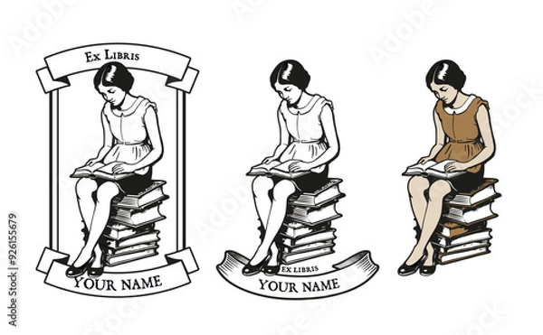 Fototapeta Girl dressed in retro clothes reading on a pile of books. Vintage engraving style illustration. Bookplate isolated on white background.