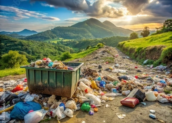 Fototapeta Litter-strewn landscape with discarded trash and plastic waste overflowing from a dumpster, emphasizing the urgent need for environmental conservation and responsible disposal practices.