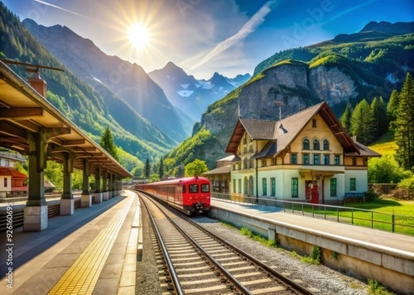 Fototapeta Sun-drenched railway station in Landquart, Switzerland, showcasing a red train on the platform, surrounded by picturesque buildings, with a diminishing perspective on a summer day.