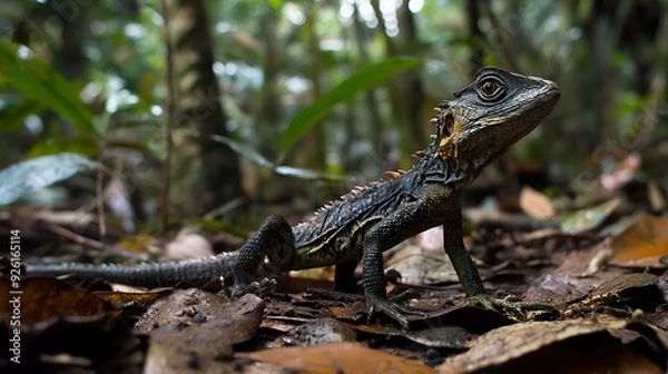 Fototapeta The Borneo angle head lizard or Borneo forest dragon Green crested lizard at night on branch in Datum Valley Borneo Camouflaged Creatures , Generative AI