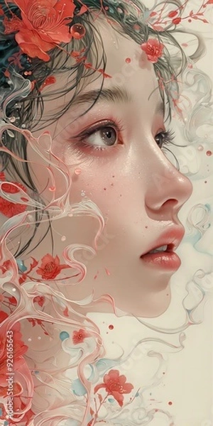 Fototapeta a woman with red lips and a red lip is covered in red and white paint.