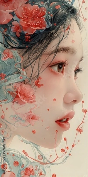 Fototapeta a woman with a pink face and the words  contemplative  on the face.