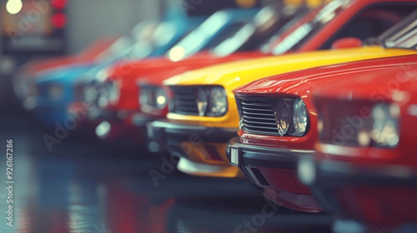 Fototapeta Used cars for sale A row of cars are parked in a lot, with some being yellow and others being blue Rows of cars in the parking lot, Generative AI