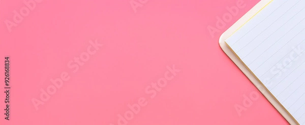 Obraz Flat lay paper notebook on pink background, workspace concept. Top view, banner, with copy space