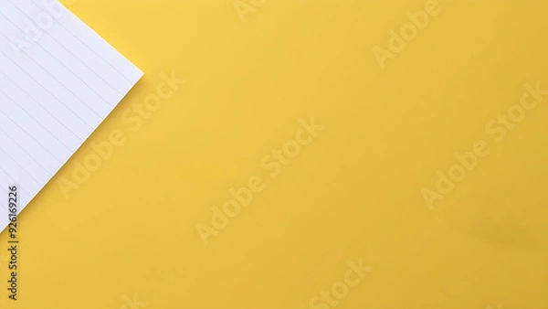 Obraz Flat lay paper notebook on yellow background, workspace concept. Top view, banner, with copy space