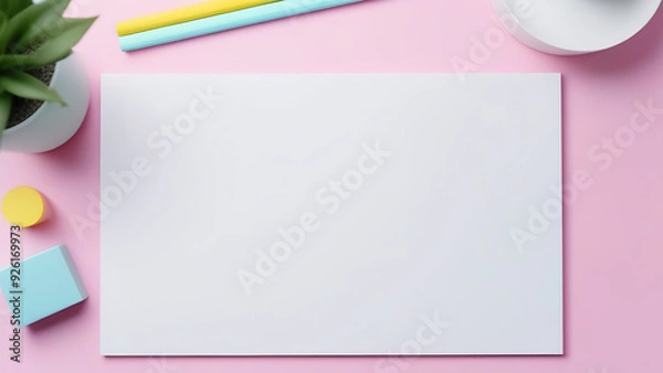 Obraz mock up, flat lay paper notebook on pink background, workspace concept. Top view, banner, with copy space