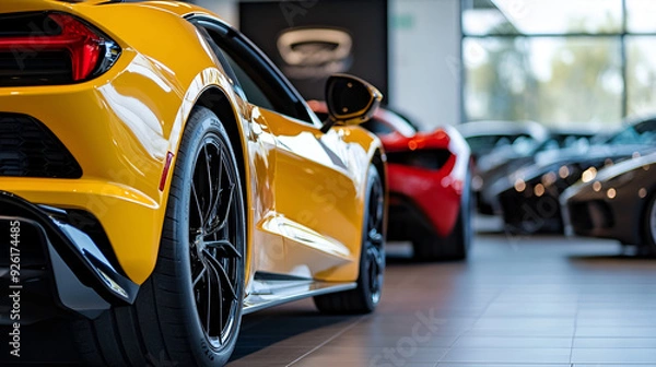 Fototapeta Car parked at outdoor parking lot. Used car for sale and rental service Show a close-up of the front grilles and headlights of cars lined A many new cars different colour on the parking, Generative AI