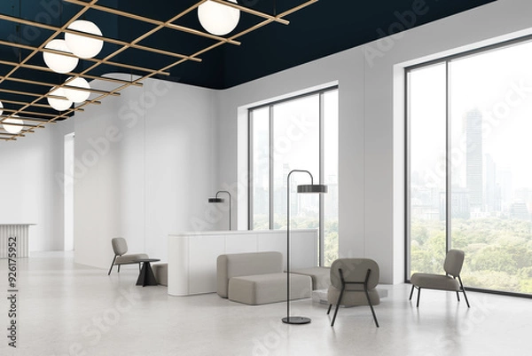 Fototapeta Modern office waiting room with large windows and contemporary furniture.. 3D Rendering