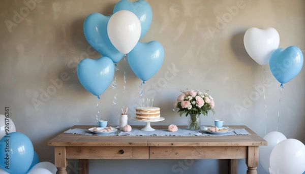 Fototapeta Heart-Shaped Blue and White Balloons Beside Rustic Wood Table and cake - Charming Display Mock-Up Scene for Product Showcases, Cozy Decor, and Creative Projects